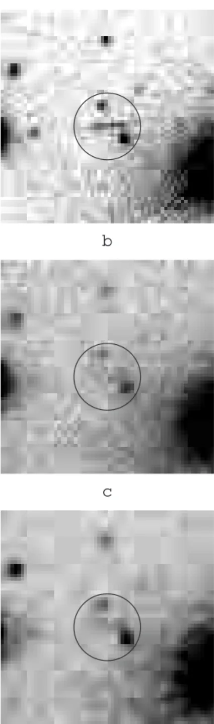 Fig. 7. Zoom on the radial arc R. HST image a), raw CFHT im- im-age b) and deconvolved CFHT imim-age c).