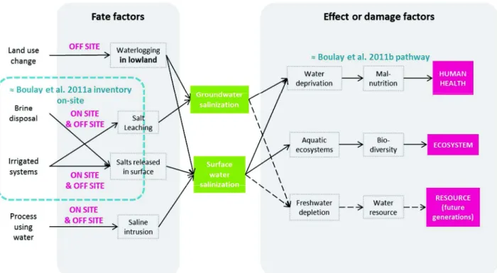 Figure 2.4. Water salinisation impacts on Human Health, Ecosystems and Resource: fate and effect factors positioning  on the cause-effect chain and Boulay et al