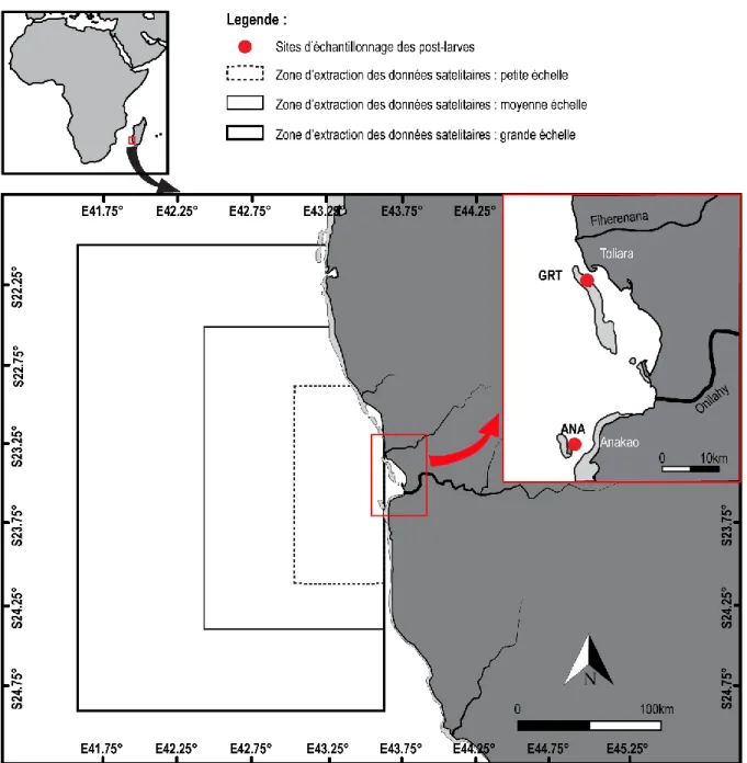Figure  2.1 :  Localisation  des  sites  d'échantillonnage  des  post-larves  (points  rouges)