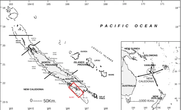 Figure I- 3 Carte et situation de la Nouvelle-Calédonie dans l’Océan Pacifique, localisation du Lagon Sud  Ouest de Nouvelle-Calédonie (SLNC) 
