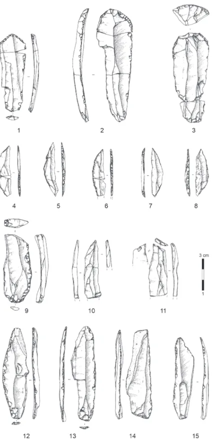 Fig. 5 – Industrie lithique recueillie sur le niveau inférieur du Closeau  (Hauts-de-Seine ; dessins P.  Alix in Bodu 2000b)