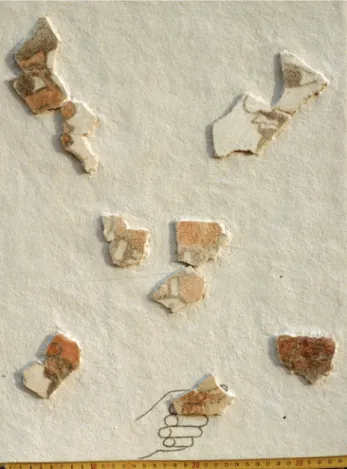 Fig. 4 - Fragments divers sur juss (restauration et panneau de  présentation réalisé pour le musée du Louvre par le CEPMR) en  particulier les profils n° 56 et 57, provenant du mur ouest de la cour  du Palmier 106 : dignitaires (?)