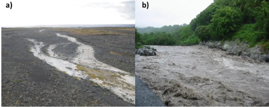Figure 7 : Illustrations d'une zone de cours d'eau asséchée (a) et d'une rivière en crue lors d'un épisode  cyclonique (b)