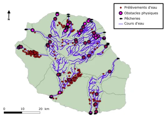 Figure  8  :  Localisation  des  principaux  prélèvements  en  cours  d’eau  et  retenues  collinaires,  d’après  ONEMA et BRGM (2015), sur les bassins versants des 13 rivières pérennes de l’île de La Réunion ainsi  que des obstacles anthropiques à la migr