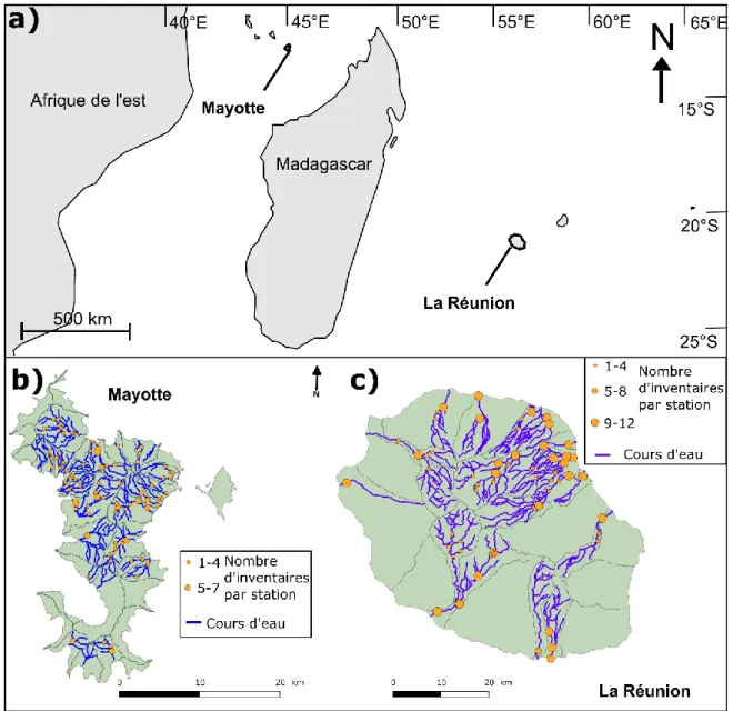 Figure  11  :  Localisation  de  Mayotte  et  de  La  Réunion  dans  le  sud-ouest  de  l'Océan  Indien  (a)  et  positionnement des stations d’inventaires au sein des différents bassins versants de Mayotte (b) et de La  Réunion (c)