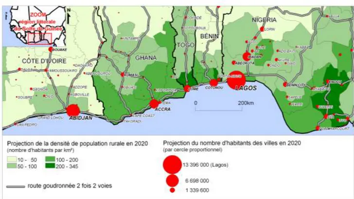 Figure 1 : Projection 2020 de l’organisation socio-spatiale de la région du littoral du Golfe  de Guinée selon les travaux de WALTPS 