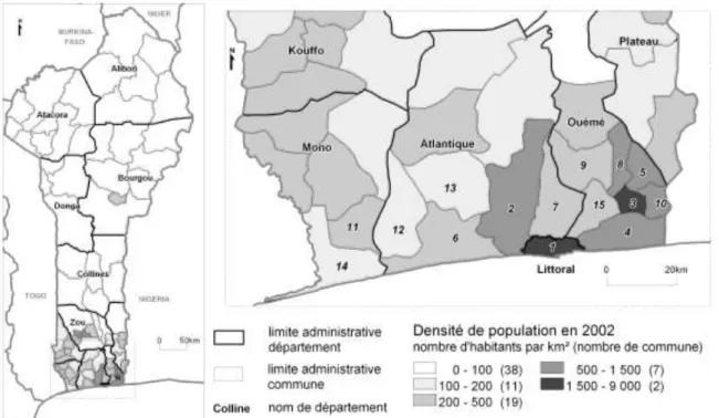 Figure 13 : Les densités de population au Bénin et la singularité de la région littorale 