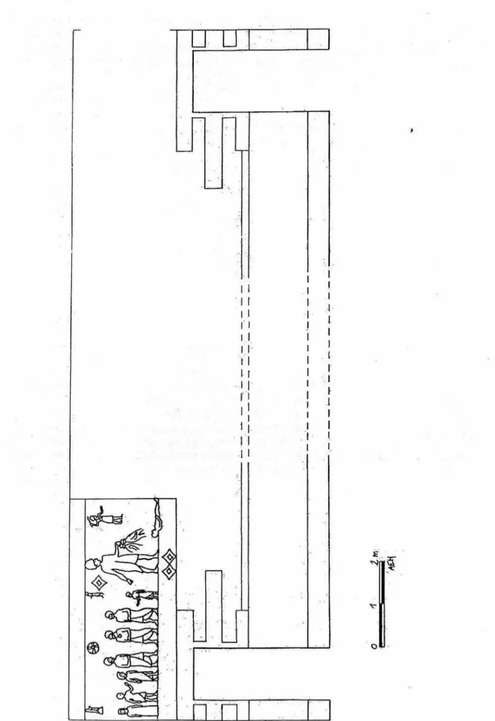 Fig.  2  : Cour du  Pa/min  106,  l'l'Stiwtion. schématique provisoire des peintures ,lu mur occidc11wl ( tiu-des.rns de la porte I 06-55) 