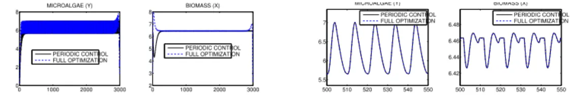Figure 8: 1-day periodic control versus full optimization over 300 days (zoom on the right).