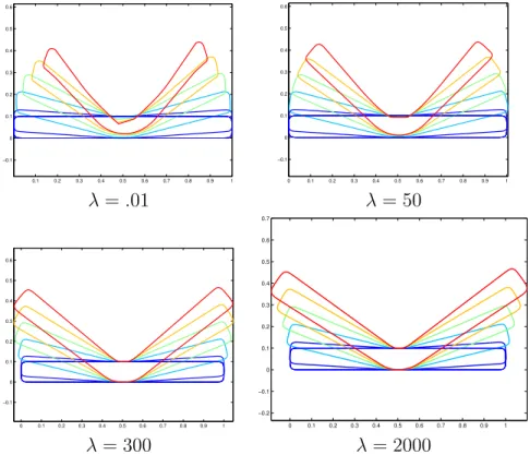 Figure 4: Piecewise similarity Finsler flow evolutions for ρ = 0.3 and for different values of λ.