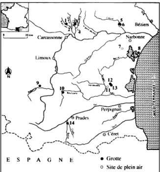 Fig.  1 :  Carte des sites  magdaléniens (Sacchi,  1986)  1.  Canecaude, 2.  Lassac,  3