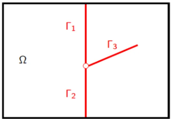 Figure 1: Example of a 2D domain with 3 intersecting fractures Γ 1 , Γ 2 , Γ 3 .