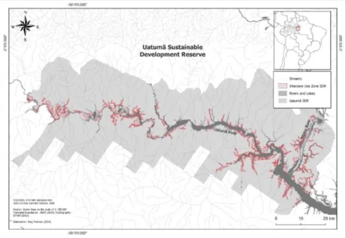 Figura 1. Mapa de localização da área de estudo - Reserva de Desenvolvimento Sustentável (RDS) Rio  Uatumã, Amazonas, Brasil