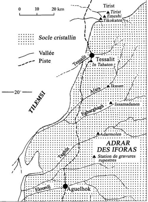 Fig. l.  Localisation des stations de gravures rupestres comprenant des représentations d'objets coudés sur le versant nord-occidental de I'Adrar des Iforas.