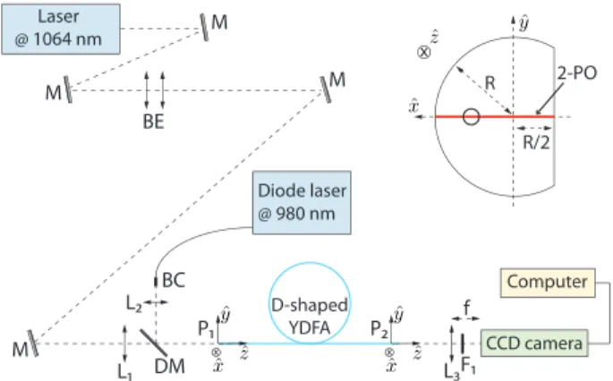 FIG. 1. Experimental setup for the amplification of scar modes in the double clad Ytterbium doped fiber amplifier.