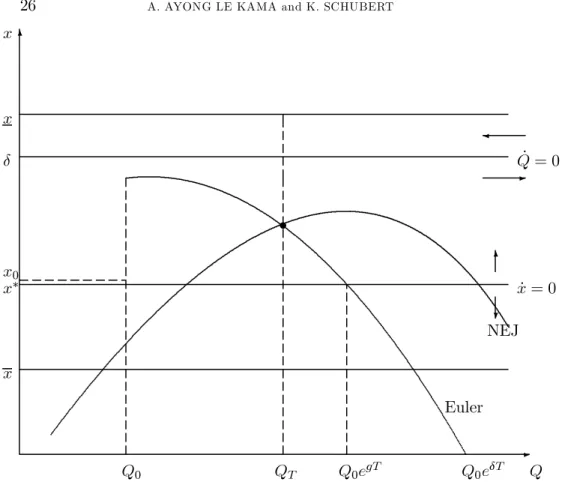 Figure 1. Change in preferences at a certain date, non-separable preferences, case g &gt; g &gt; 0, g &lt; 0, Q T &lt; Q 0 e gT