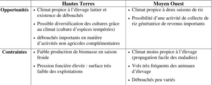 Tableau  15 :  Tableau  récapitulatif  des  principales  contraintes  et  opportunités  dans  les  Hautes Terres et le Moyen-Ouest 