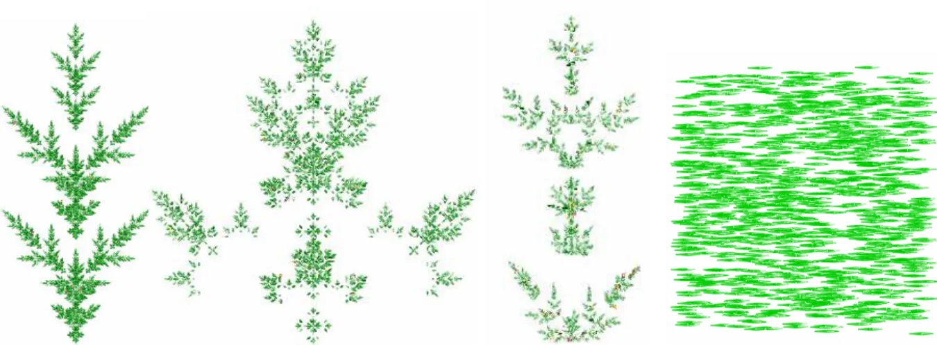 Figure 3. Four theoretical plant crowns. From left to right: fractal plants AC1, AC2, AC3, RC, with theoretical  fractal dimension D T  respectively 2.0, 2.0, 1.771, and a uniform random distribution of leaves