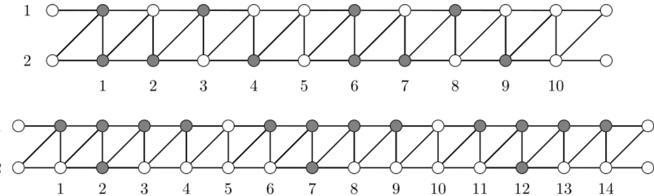 Figure 2: Two optimal identifying codes of T 2 : C 2,a (top) and C 2,b (bottom). The grey vertices are those of the code.