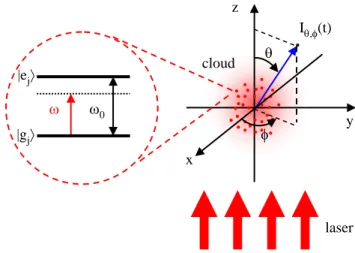 FIG. 1. The physical system. A spherical Gaussian cloud of identical atoms interacts with a monochromatic plane wave with frequency ω and vacuum modes