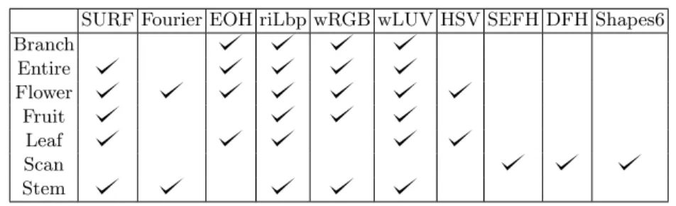 Table 1. Selected features for each type of organ/view according to the preliminary evaluation on the training dataset with a Leave One (Observation) Out procedure.