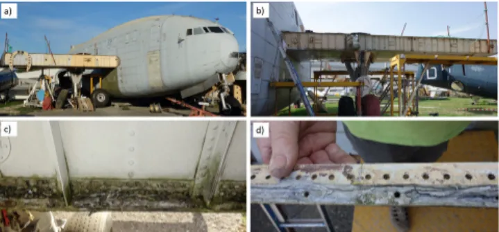 Figure 1. Photographs of (a) the Breguet 765; (b) the trailing edge; and  (c) and (d) a corroded stringer on the centre wing section that was  removed by a member of the association