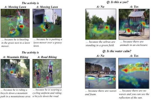 Fig. 4. Left: ACT-X qualitative results: For each image the PJ-X model provides an answer and a justification, and points to the evidence for that justification