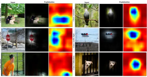 Fig. 5. Explaining the decisions made by the VGG-16 (park bench, street sign, racket, cockatoo, traffic light and chihuahua), our approach highlights the most discriminative region in the image.