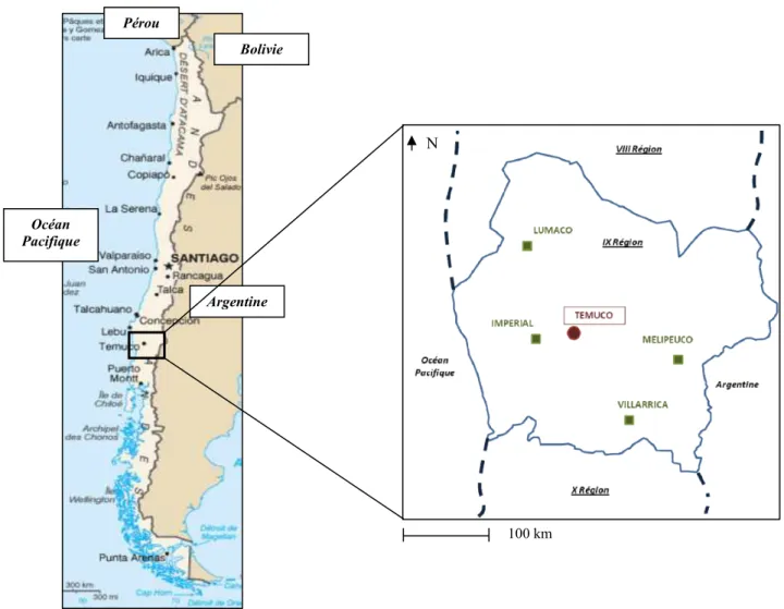 Figure 1 : Carte du Chili et localisation de la région et des communes d’étude.  Argentine  Bolivie Pérou Océan Pacifique  N 100 km 