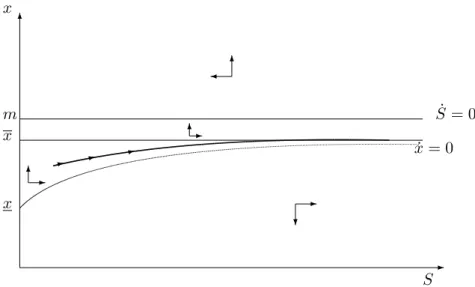 Figure 2: The asymptotically balanced growth path. Case m(1 + ) i.e. x m 3.2.3 The asymptotical depletion of the environmental quality