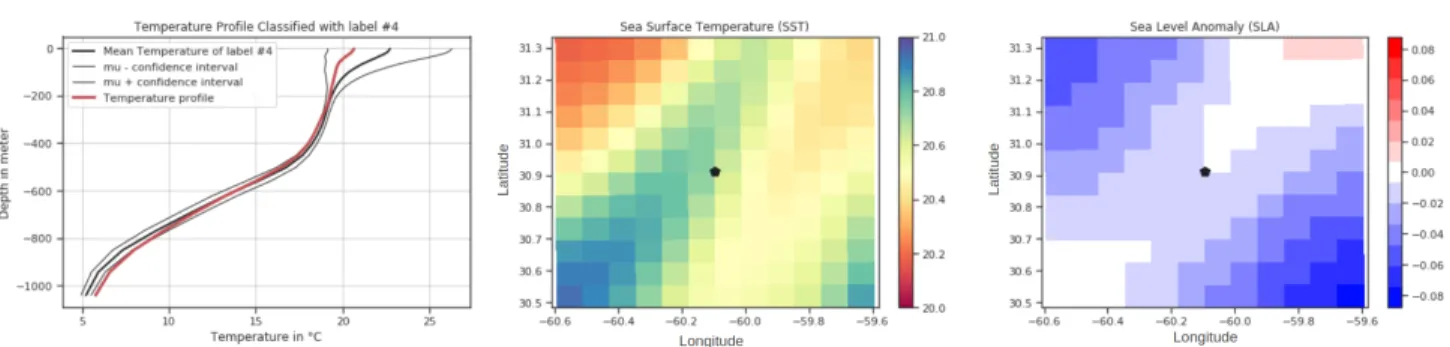 Figure 1. Overview of the data: On the left a vertical temperature profile between 0 and 1000 meters belonging to the mode #4