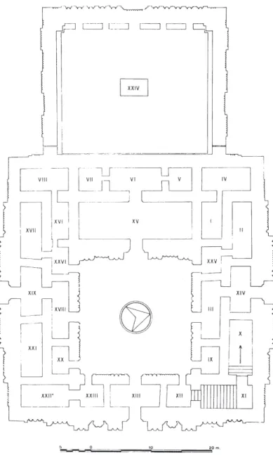 Figure 8e-f. Relief architectural. e. Tell al-Rimah, plan du Grand Temple avec ses façades à différents types de  demi-colonnes (xviii e  s.) (d’après Oates 1990 plan fig