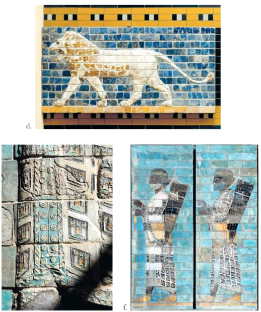 Figure 9d-f. Relief architectural et figuratif moulé. d. Babylone, Voie processionnelle (1 re  moitié  du vi e  s.) : lion, briques à relief à glaçure (h