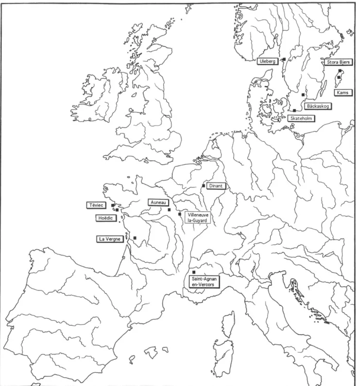 Fig.  13: Carte  des sites mésolithiques ayant livré  des défunts en position  assise