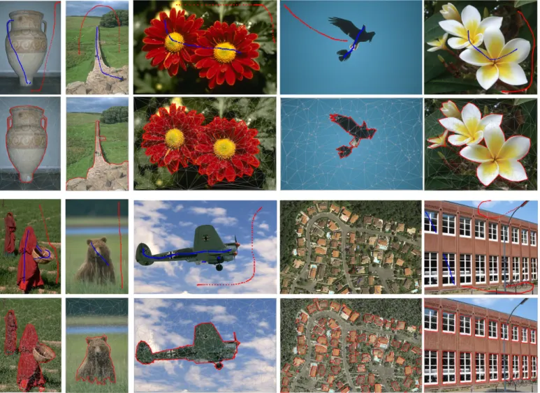 Fig. 13. Object contouring on a few example images. Our Delaunay point process samples polygons that capture the silhouettes of foreground objects