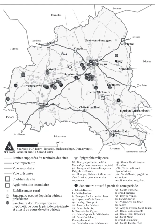 Fig. 7. Le paysage religieux du territoire biturige entre le milieu du i er  siècle av