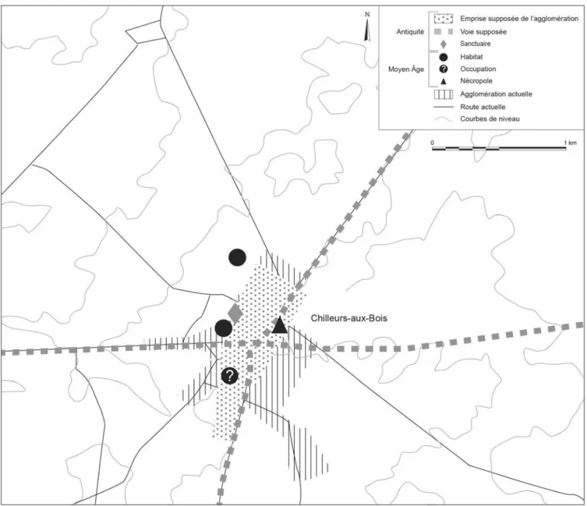 Fig. 7 – Juxtaposition des occupations des périodes antique, alto-médiévale et moderne à Chilleurs-aux-Bois   (d’après Jesset 2012, fig