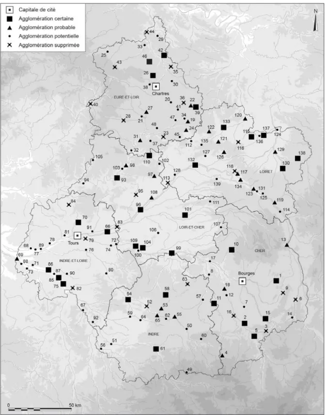 Fig. 1 – État des connaissances des agglomérations antiques en région Centre-Val de Loire,   légende ci-contre (DAO : d’après C