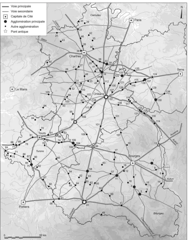Fig. 2 – Le réseau des principales voies de communication et agglomérations antiques des cités   en région Centre-Val de Loire (DAO : d’après C
