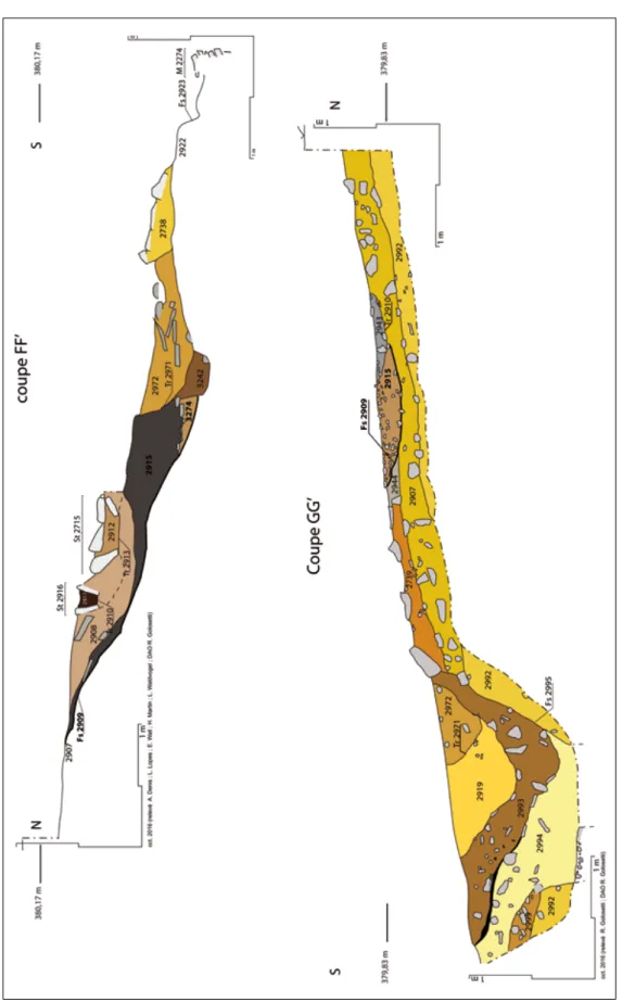 Fig. 6. Relevés stratigraphiques de la structure laténienne (2909-3274-2915) au nord-ouest du site (relevés R