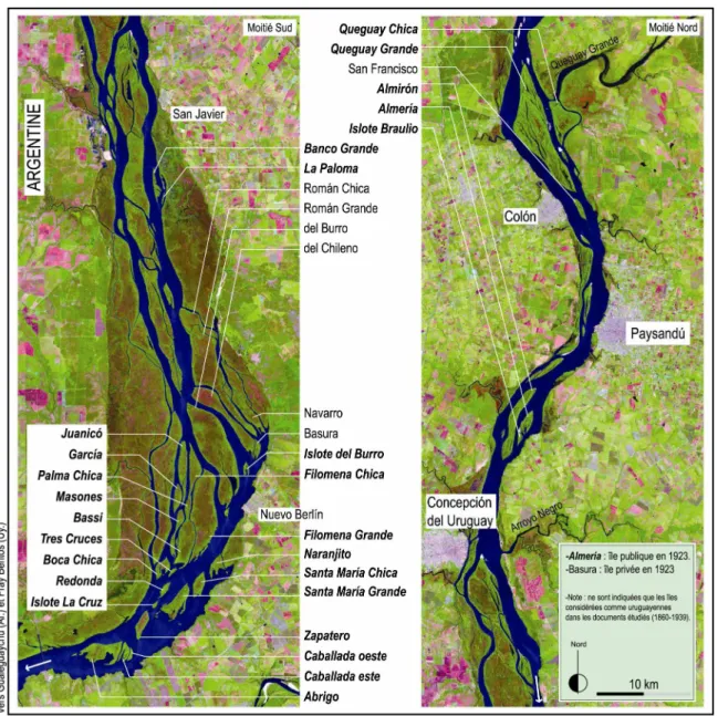 Fig. 2- L’archipel forestier du Bas-Uruguay : localisation des îles citées dans les documents