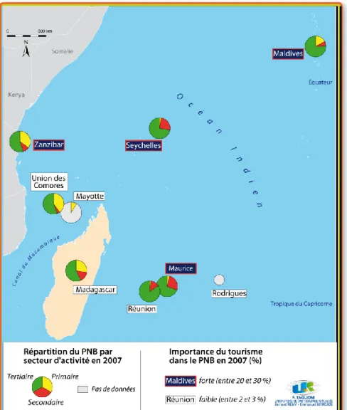 Figure 5. Ventilation des PNB et part de l'activité touristique dans le  sud-ouest de l'océan indien 