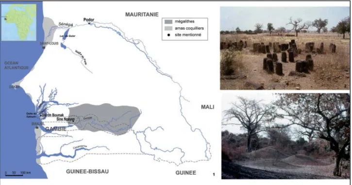 Fig. 8 : 1. Carte du Sénégal précisant la localisation des sites de Podor, Sine Ngayen et Dioron Boumak