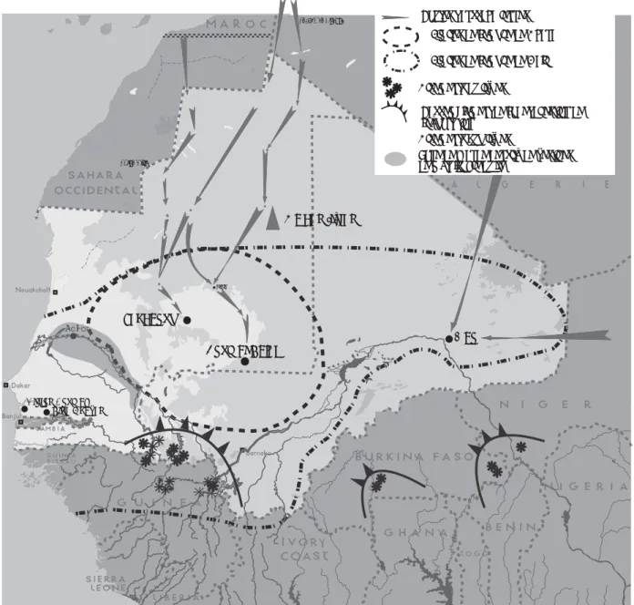 Fig. 1. Carte de l’Afrique de l’Ouest (dans sa partie la plus occidentale) montrant : les routes transsahariennes en activité au IXe- IXe-XIe, les gisements d’or (ceux marqués par ? sont à l’heure actuelle exploités mais les preuves de leur exploitation à 