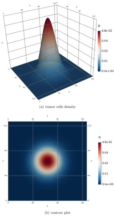 Figure 2. The left panel (a) shows the numerical solution of tumor cells density n evaluated at t = 1 unit of simulation time in the isotropic, homogeneous diffusion case (a = c = 1.0 , b = 0.0) without haptotaxis (γ = 0.0)