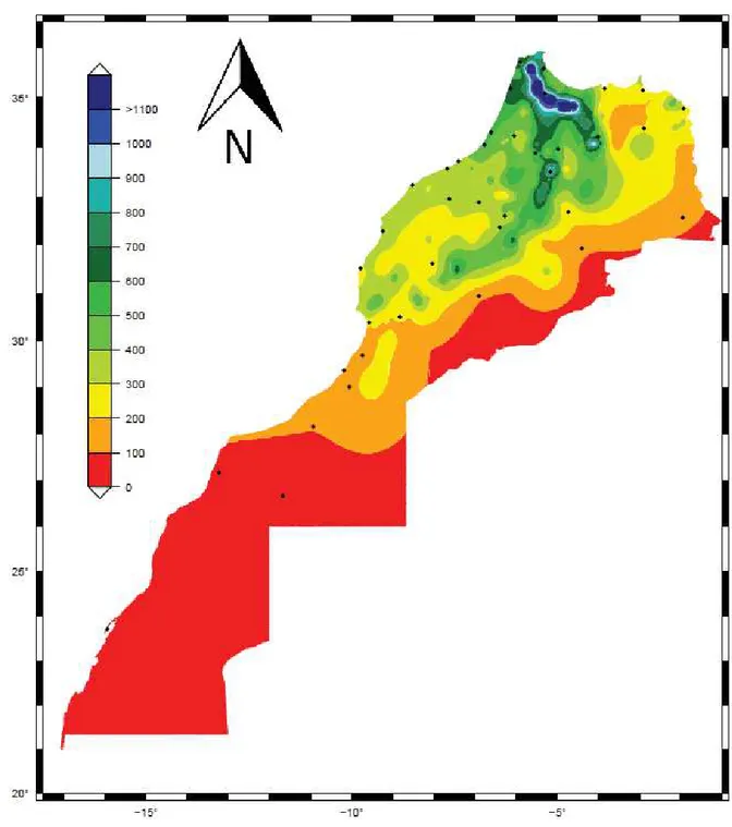 Figure 6: Carte de la distribution de pluviométrie annuelle moyenne au Maroc. (Driouech, 2010).