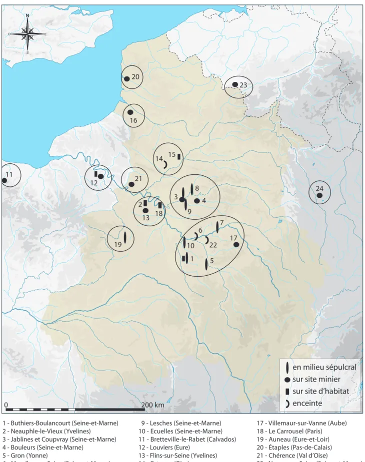 Fig. 1 - localisation des pics découverts dans le Bassin parisien par contexte.