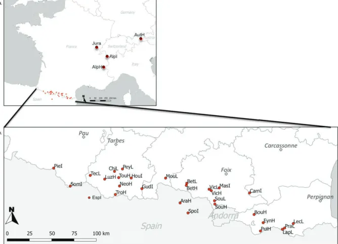 Fig. 14. Localisation des 33 populations, étudiées dans les Alpes (n=3), le Jura (n=1) et les Pyrénées (n=29).