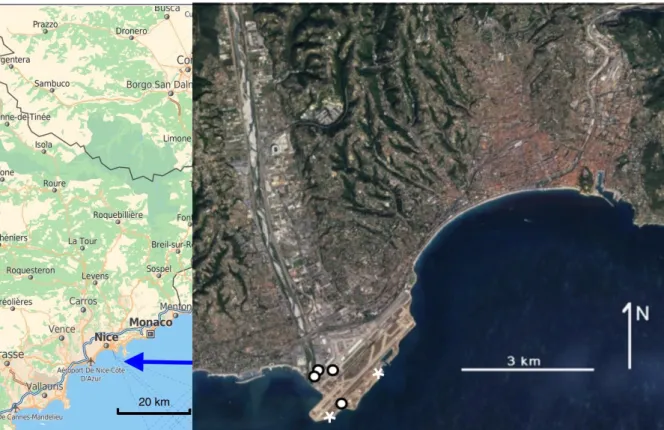 Figure  1.  Situation  et  site  de  Nice  et  de  l’aéroport.  Source :  Google  map  et  earth,  MétéoFrance