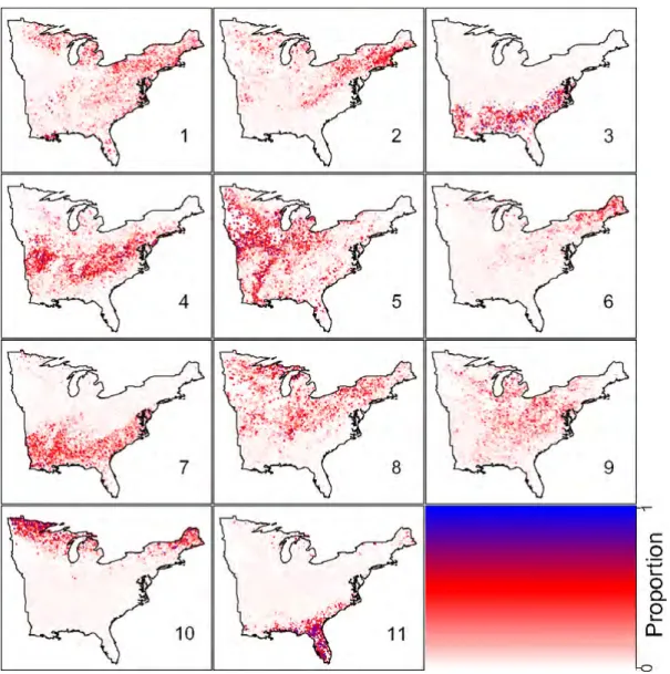 Figure  10.  Valle  et  al.  (2014)  applied  Latent  Dirichlet  Allocation  to  identify  forest  tree  assemblages in the Eastern United States, based on tree census data from 34,174 forest plots